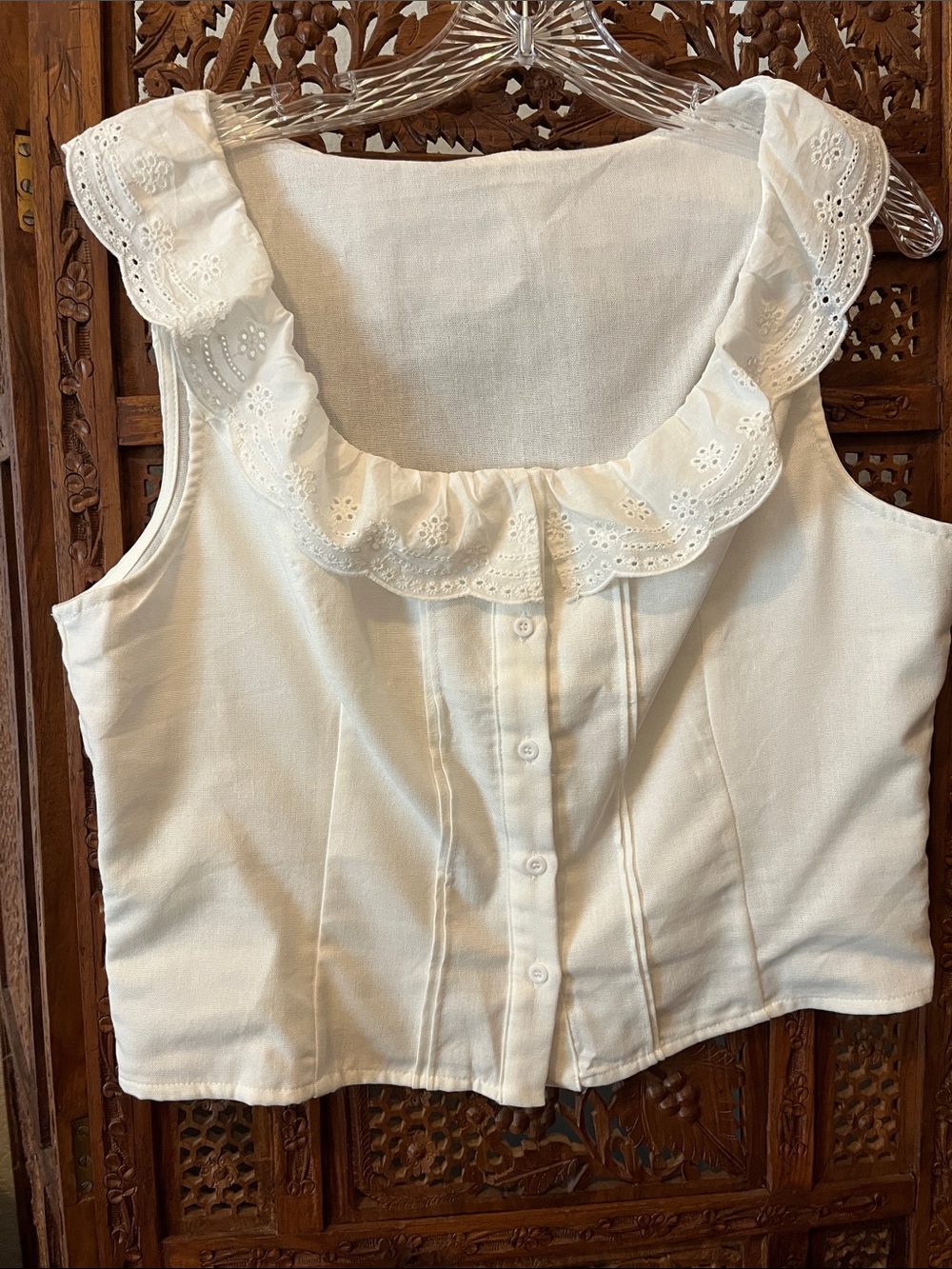 Amazon White Eyelet Ruffle Button-Front Camisole